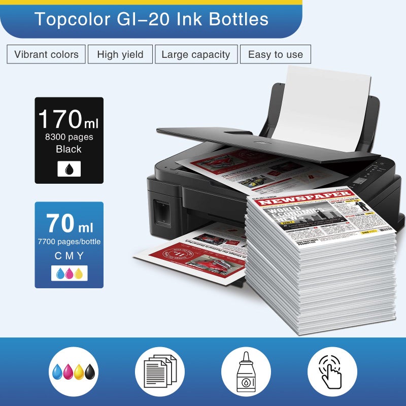 Topcolor Compatible Dye Ink Replacement for Canon GI-20 GI20 Ink Bottles Refills Kit for Canon G6020 G7020 G5020 MegaTank Printers, 170mL Black Ink Refill, 70mL Cyan Magenta Yellow, 4 Packs - Image 3